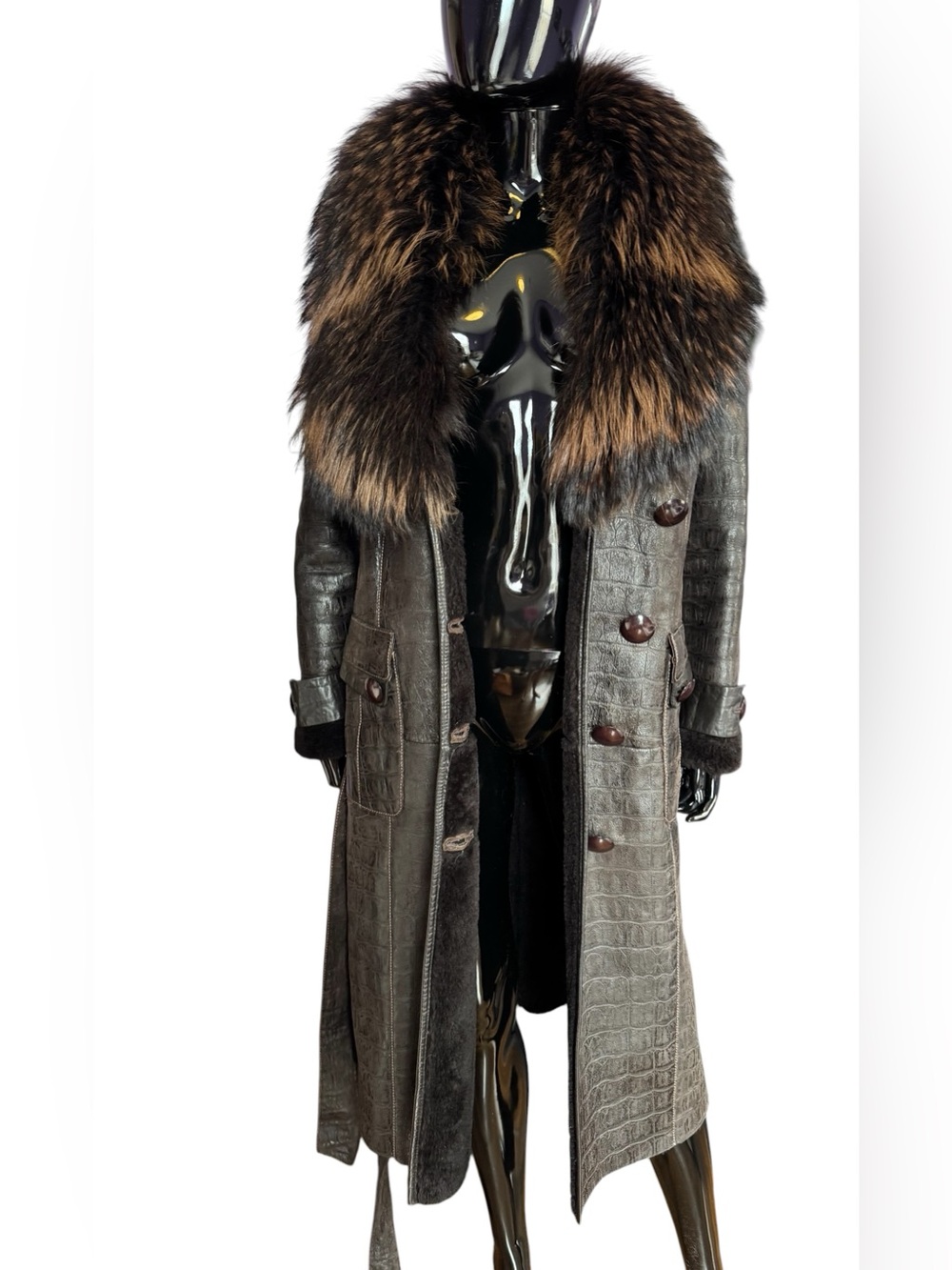Viyanto Dark Brown Croc-Embossed Leather shearling Brown Fur coat - Picture 6 of 16